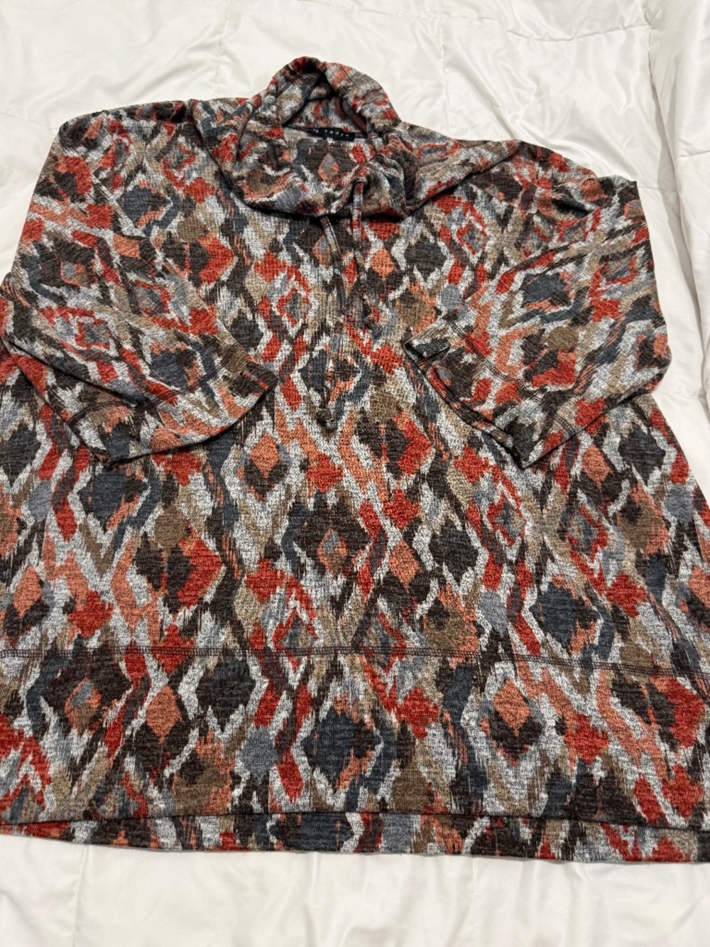 N Touch 2X Cowl Neck Drawstring Tunic Southwestern Boho Fall Pullover